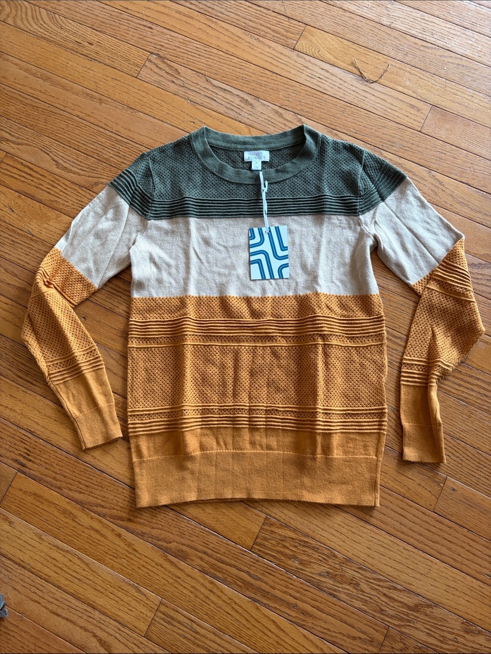Market & Spruce Colorblock Crewneck Sweater in Olive, Cream & Mustard